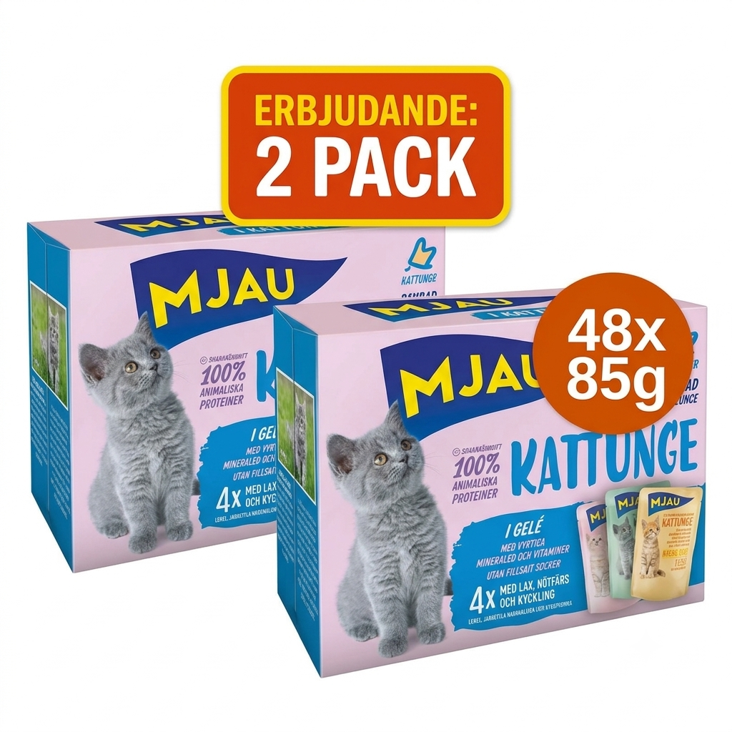 Ekonomipack: Två paket 48 x 85 g Mjau Kitten Pouch Mixpack Menu (Originalpris 624 kr)