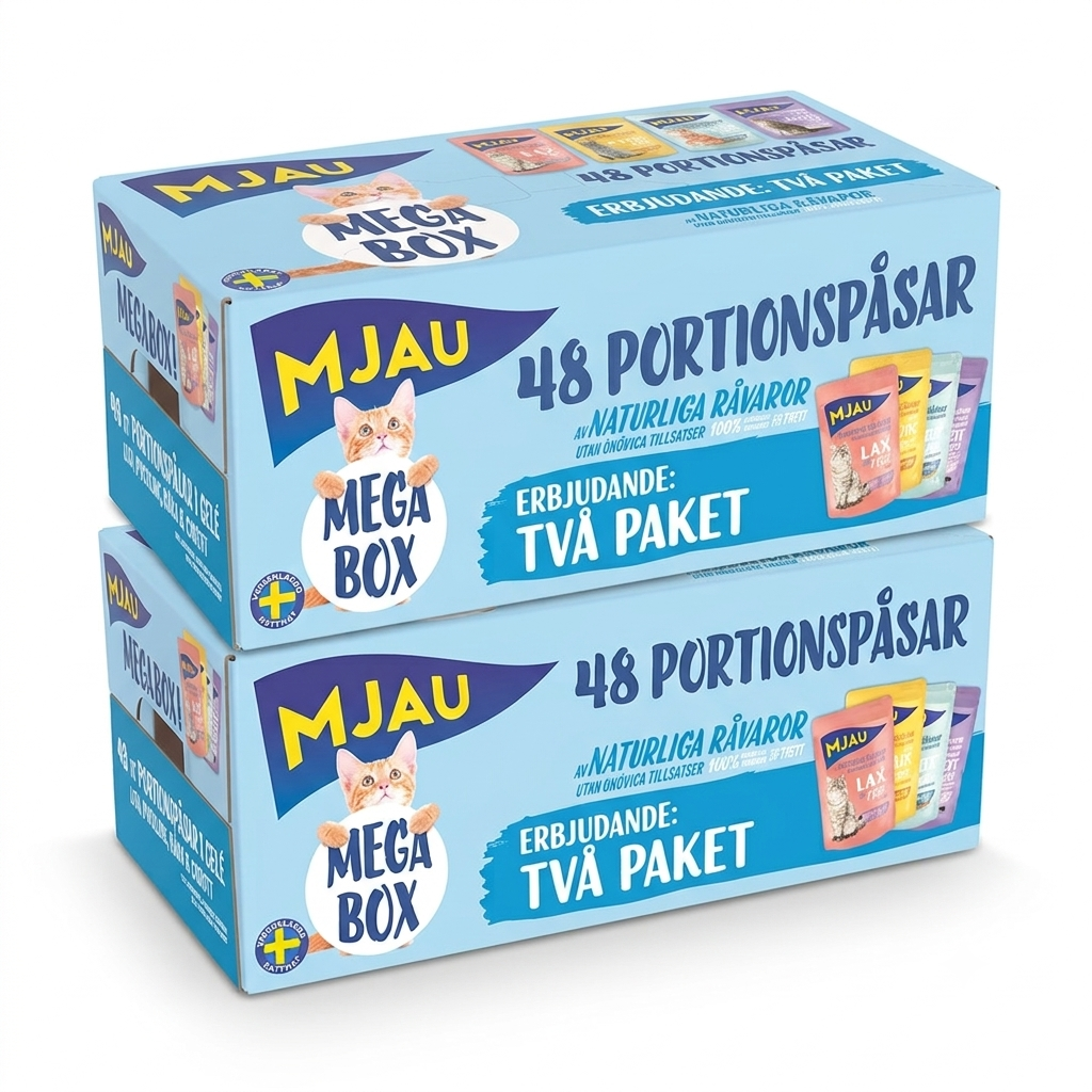 Mjau Megabox två paket 48 x 85 g  Mix i gelé 96 påsar totalt (Nötkött, kyckling, räkor, lax) (Originalpris 554 kr)