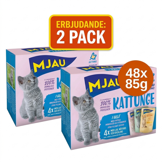 Ekonomipack: Två paket 48 x 85 g Mjau Kitten Pouch  Mixpack Menu (Originalpris 624 kr)
